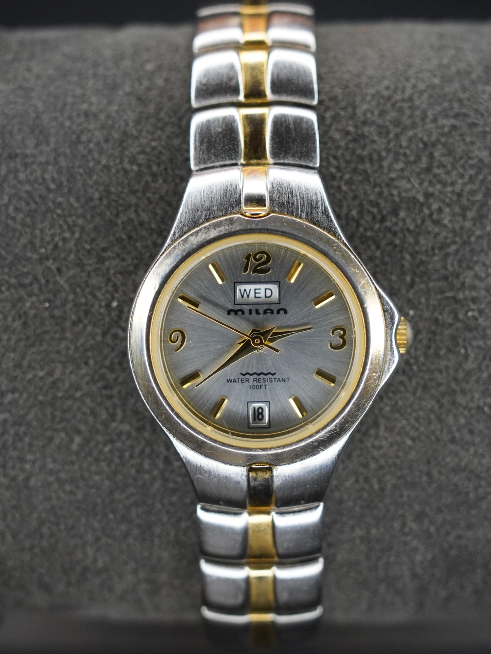 Milan MLN930 Quartz Day Date Two Tone Silver Dial 100FT Water Resistant Watch
